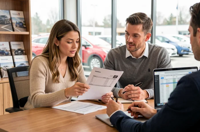 Un couple examine un rapport d'historique complet d'un véhicule d'occasion avec un conseiller dans une salle de vente automobile