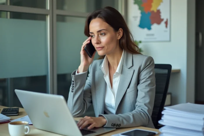 Courtière immobilière en train de traiter un dossier de prêt dans son bureau professionnel