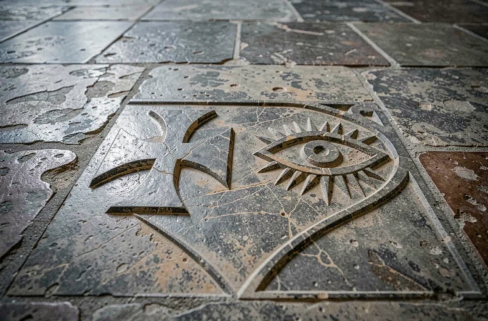Plaque de pierre gravée dans une cathédrale gothique montrant une croix templière et un œil maçonnique entrelacés
