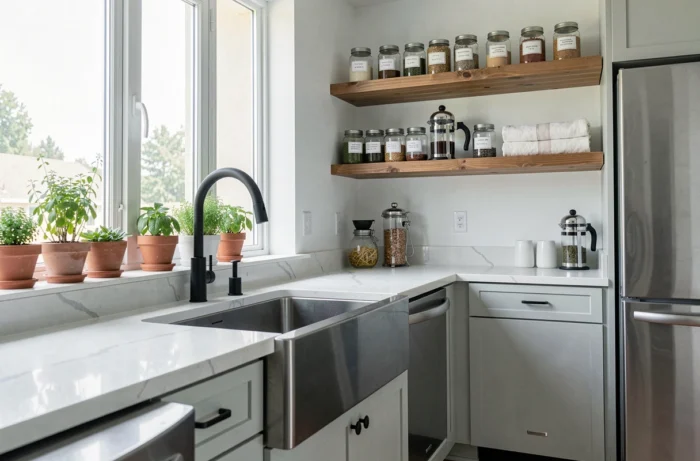 Cuisine moderne bien équipée avec accessoires pratiques et étagères en bois organisées