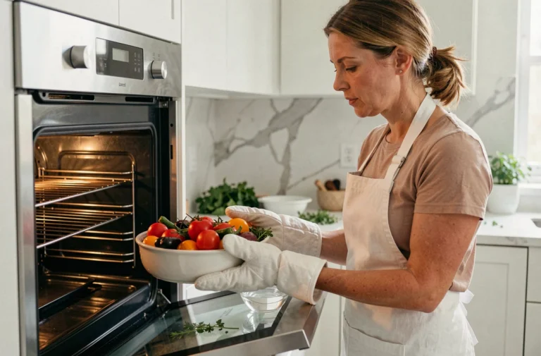 Femme plaçant un plat de légumes dans un four pour une cuisson vapeur parfaite