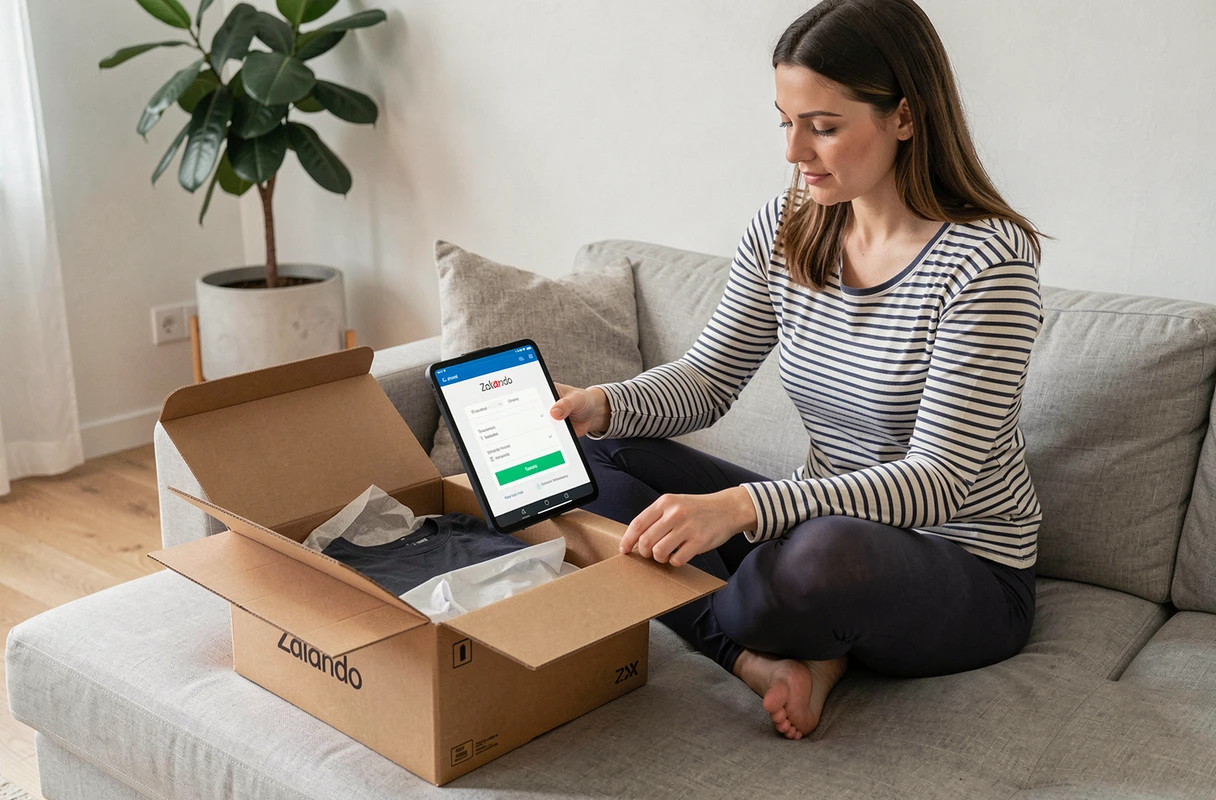 Femme déballant une commande Zalando après avoir opté pour le paiement en plusieurs fois