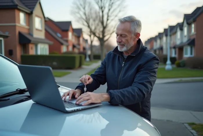 Homme modifiant un rendez-vous Carglass sur ordinateur portable appuyé sur sa voiture