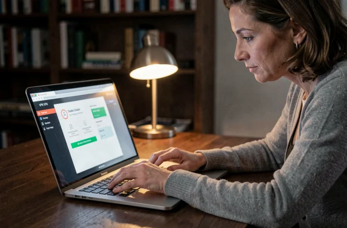 Femme désactivant son application VPN sur ordinateur portable pour accéder à l'intranet