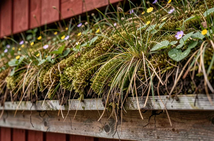 Gros plan sur les couches de tourbe et de végétation d'un toit vert norvégien avec herbes, mousses et fleurs sauvages