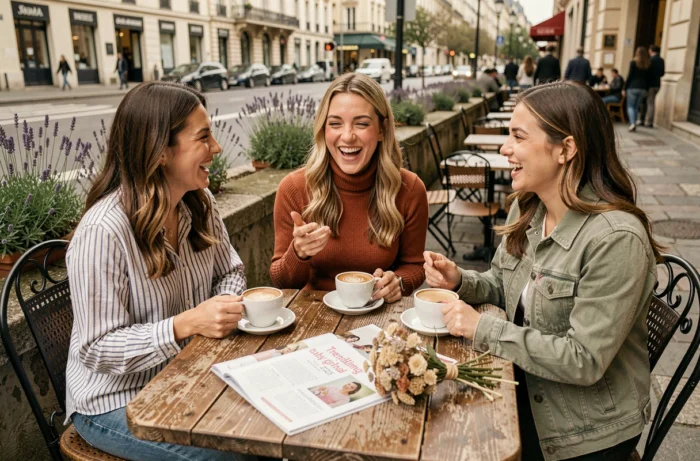 Trois amies discutant de prénoms de fille tendance et originaux pour 2025 autour d'un café en terrasse
