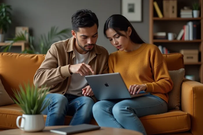 Deux personnes résolvant ensemble un problème de connexion sur une application web depuis leur salon