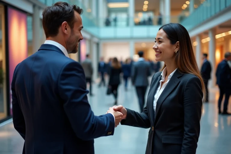 Deux professionnels échangeant des cartes de visite lors d'un événement de networking B2B en salle de conférence moderne