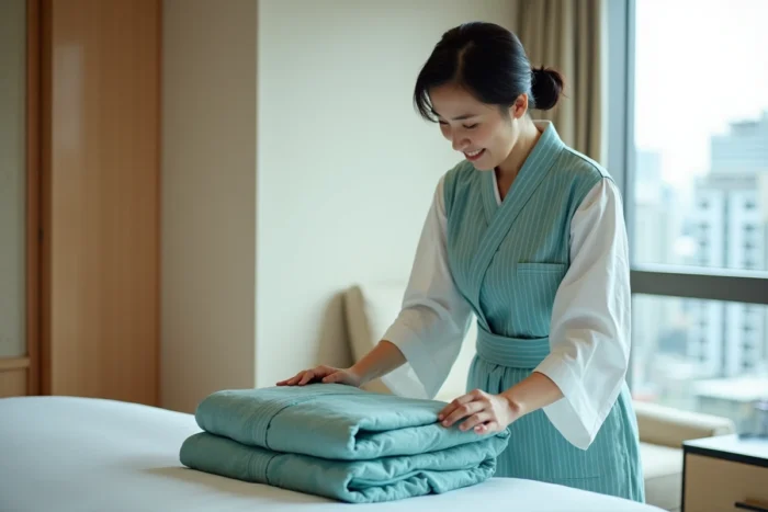 Employée d'hôtel japonais disposant un yukata sur un lit dans une chambre d'hôtel moderne à Tokyo