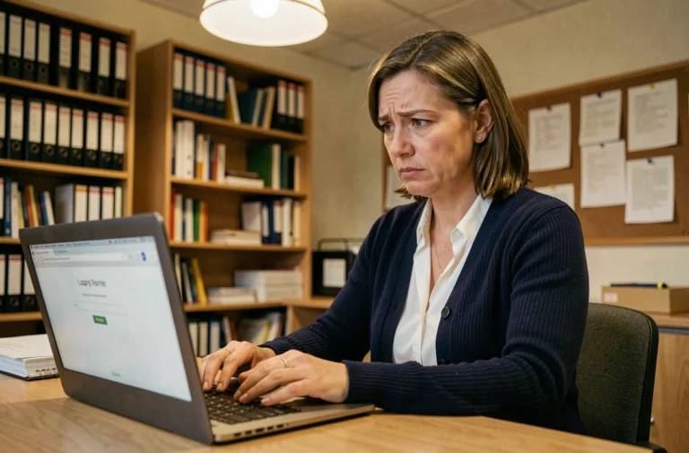 Enseignante frustrée devant sa messagerie académique Nantes qui ne charge pas sur son ordinateur portable dans une salle administrative scolaire