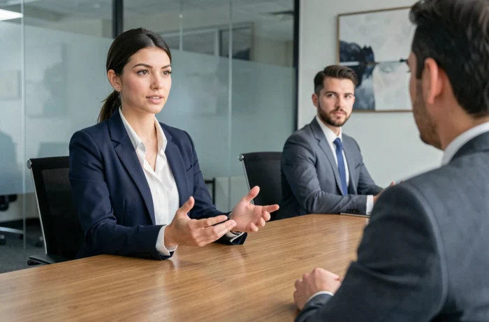 Jeune femme en entretien professionnel BCG dans une salle de réunion moderne avec des recruteurs