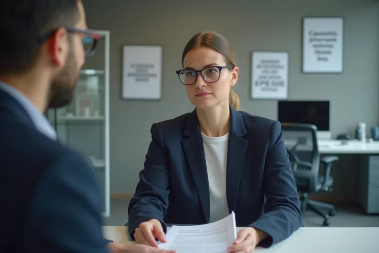 Femme en entretien avec un conseiller Pôle Emploi dans une agence pour l'emploi moderne, discutant de son accompagnement Solerys