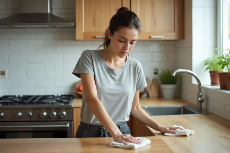 Femme entretenant un plan de travail en bois dans une cuisine moderne et ordonnée