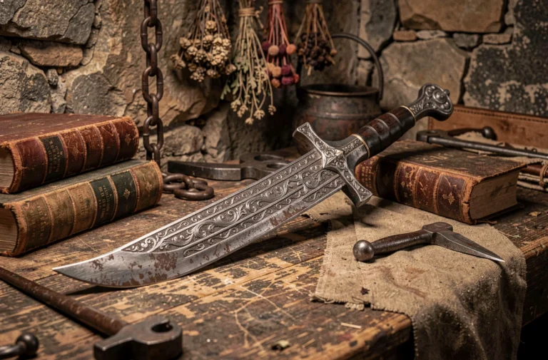 Épée médiévale gravée posée sur un établi d'atelier de forgeron pour illustrer les armes emblématiques de Bloodborne