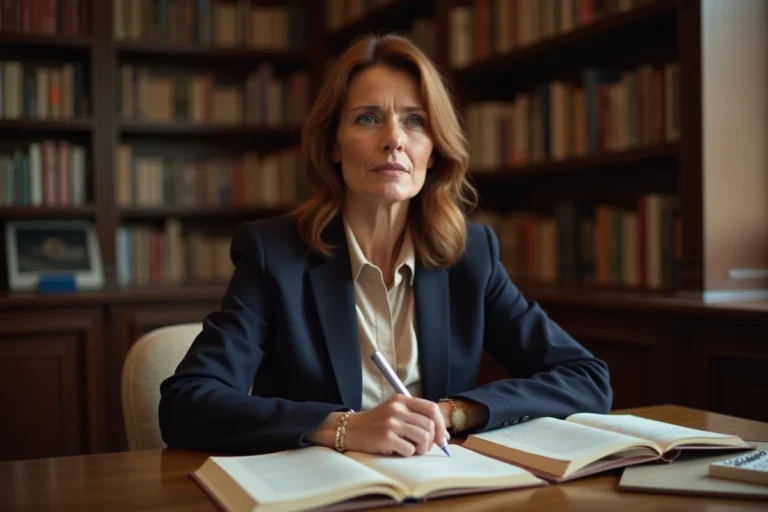 Portrait d'une femme élégante assise à un bureau parisien entouré de livres, illustrant la biographie de l'épouse d'Éric-Emmanuel Schmitt