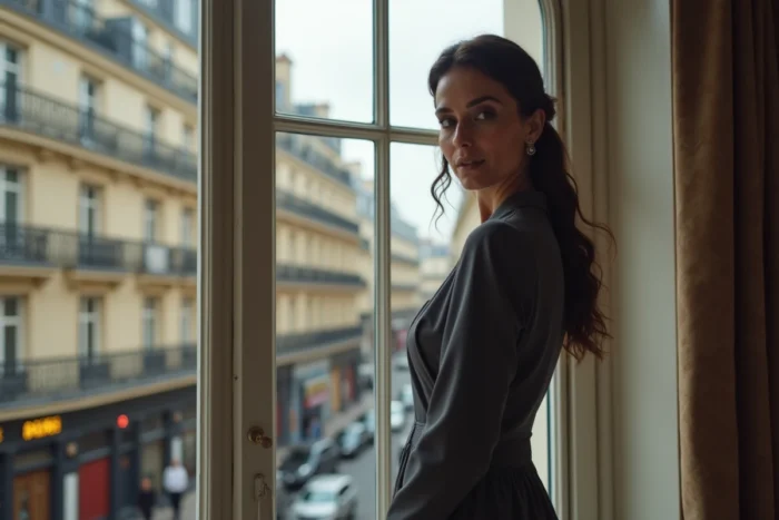 Femme élégante près d'une fenêtre parisienne avec vue sur un immeuble haussmannien, portrait biographique lié à l'univers d'Éric-Emmanuel Schmitt