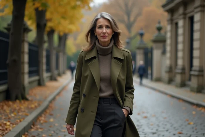 Femme marchant dans une allée parisienne pavée en automne, portrait en extérieur illustrant la vie de l'épouse de l'écrivain Éric-Emmanuel Schmitt