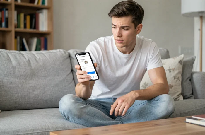 Jeune homme consultant son espace client Orchestra sur smartphone depuis son salon