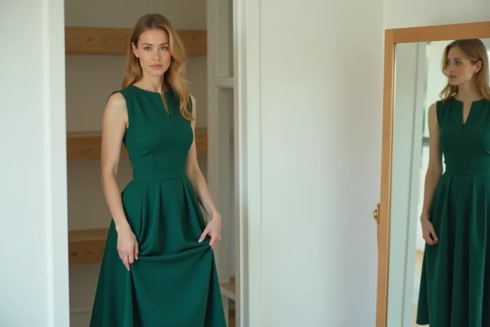 Femme essayant une robe mi-longue verte dans une cabine d'essayage minimaliste élégante