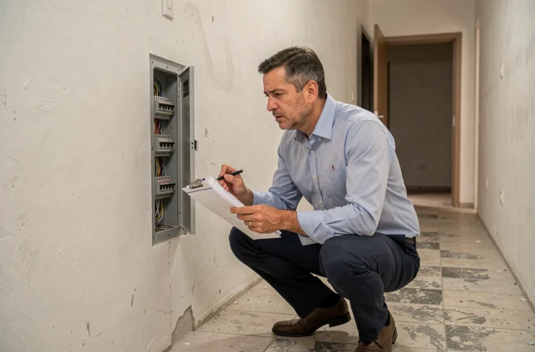 Gestionnaire immobilier examinant un tableau électrique hors tension lors d'un état des lieux dans un appartement vide