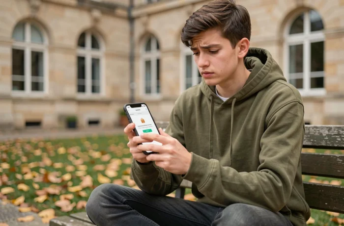 Étudiant consultant son application de messagerie académique Nantes sur smartphone avec une erreur de connexion dans la cour d'un lycée