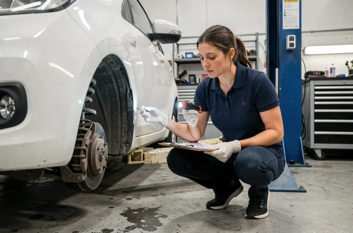 Une experte automobile inspecte minutieusement la suspension d'une voiture d'occasion dans un garage professionnel avec une checklist détaillée