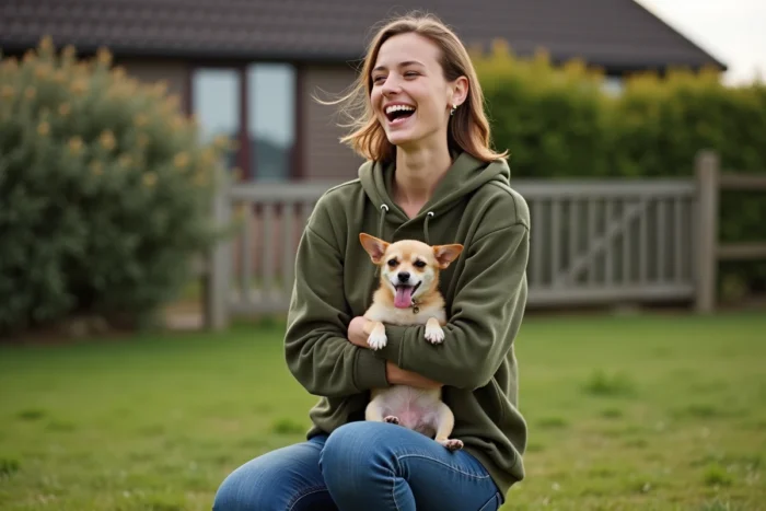 Femme adoptant un petit chien Chihuahua auprès d'une association animale dans la région de Langon