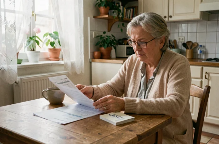 Une femme âgée examine ses documents CESU préfinancé à la table de sa cuisine pour optimiser le tarif aide à domicile ADMR