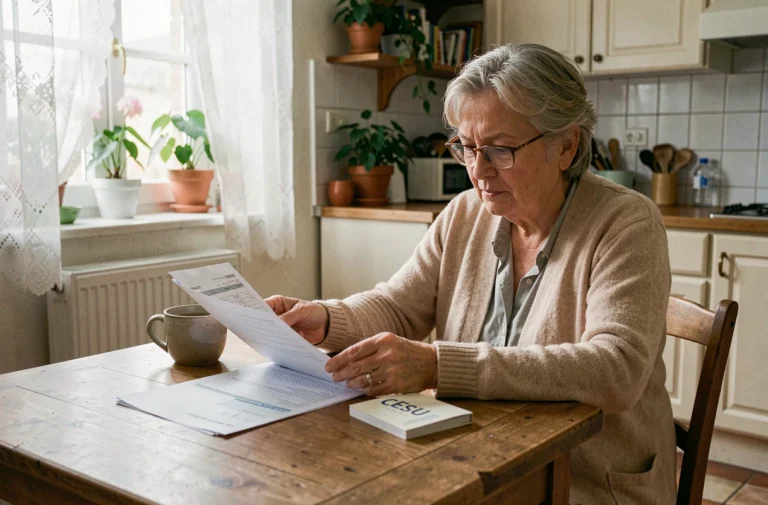 Une femme âgée examine ses documents CESU préfinancé à la table de sa cuisine pour optimiser le tarif aide à domicile ADMR