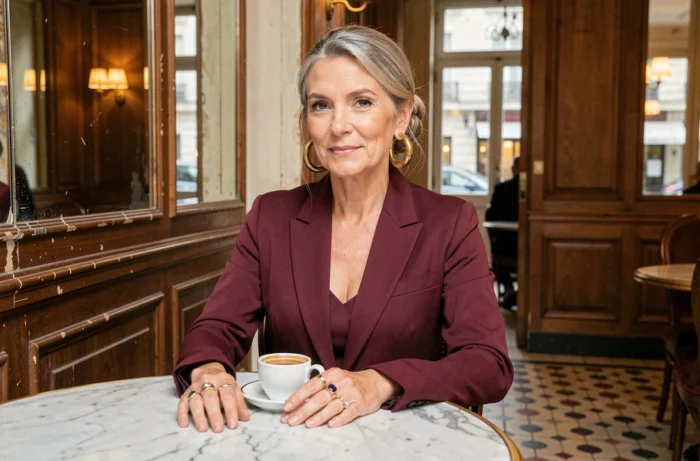 Femme élégante aux cheveux poivre et sel portant des bagues empilées et des créoles dorées dans un café parisien, illustrant la personnalité exprimée à travers les bijoux
