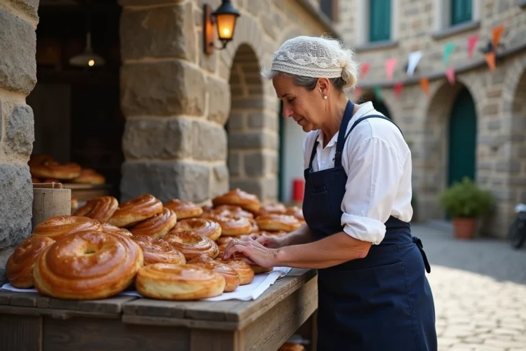 Femme bretonne en coiffe traditionnelle disposant des kouign-amann sur un étal de marché en granit gris en Bretagne