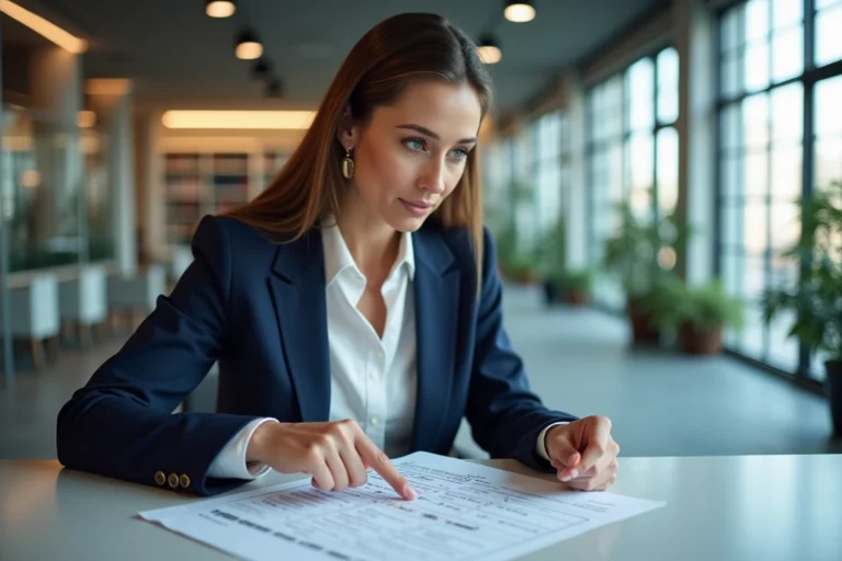 Femme professionnelle expliquant la signification d'un acronyme sur un document imprimé dans un bureau moderne