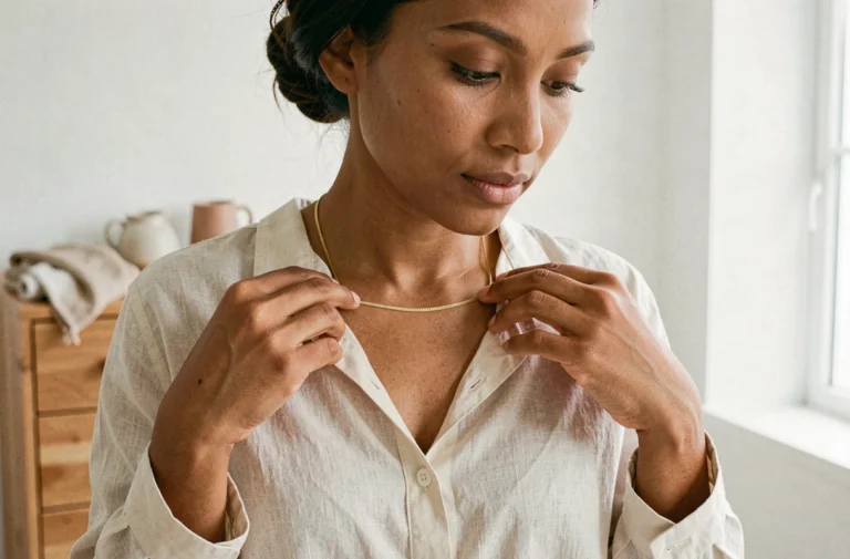 Femme aux tons chauds attachant un collier en or fin devant un miroir dans une chambre minimaliste, illustrant comment les bijoux révèlent la personnalité