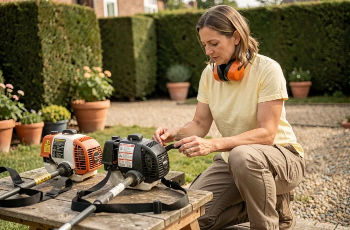 Femme comparant deux débroussailleuses thermiques sur un établi de jardin pour choisir le meilleur modèle
