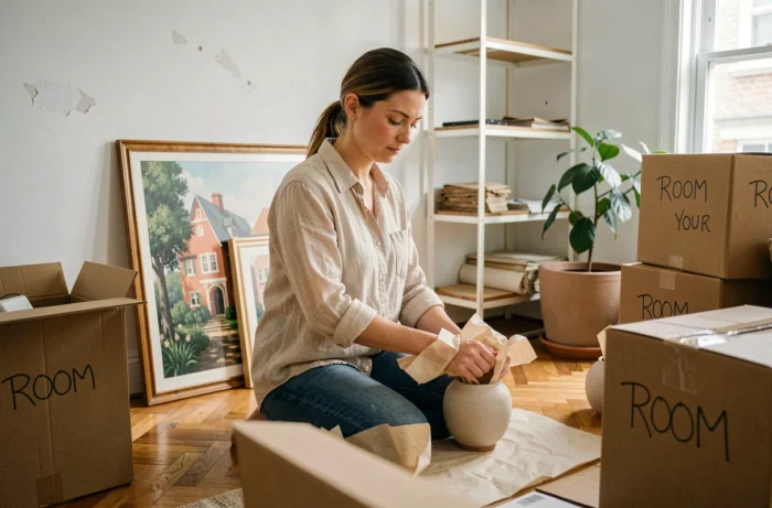 Femme emballant des objets décoratifs dans des cartons lors d'un déménagement dans un salon en cours de démontage