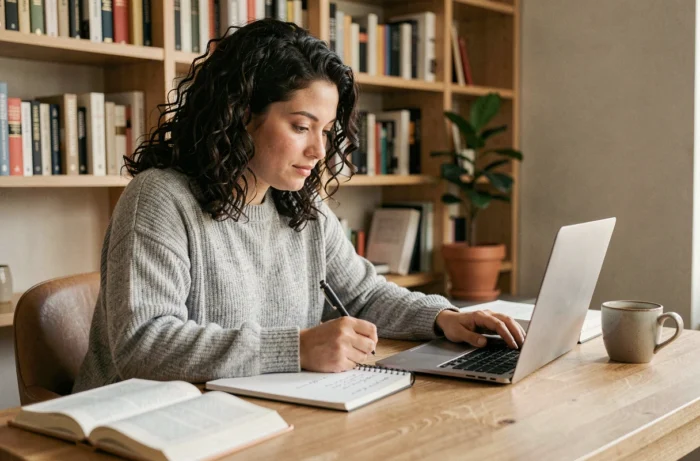 Femme suivant une formation en ligne sur son ordinateur portable dans un bureau à domicile chaleureux, prenant des notes dans un carnet