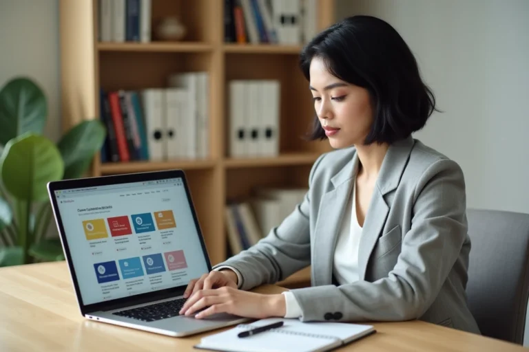 Femme professionnelle suivant une formation en ligne sur son ordinateur portable dans un bureau moderne, illustrant le développement des compétences numériques