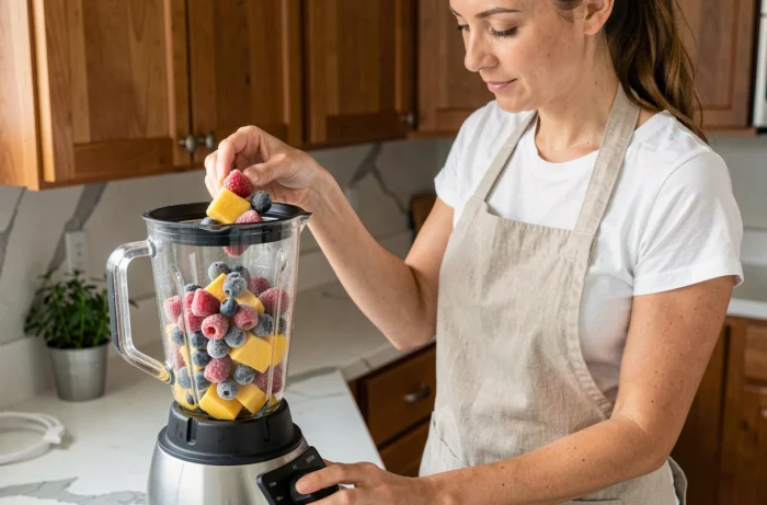 Femme préparant un smoothie en versant des fruits congelés dans un blender sur un plan de travail en marbre blanc