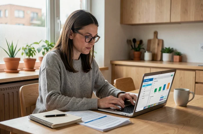 Femme consultant un budget personnel sur ordinateur portable dans une cuisine moderne en 2024