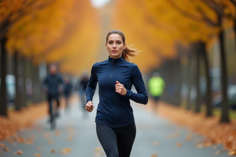 Femme joggeuse en tenue de sport courant dans un parc en automne parmi les feuilles colorées