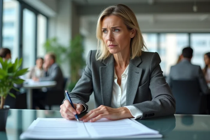 Femme professionnelle lisant attentivement des conditions générales d'une plateforme d'investissement pour évaluer les risques potentiels