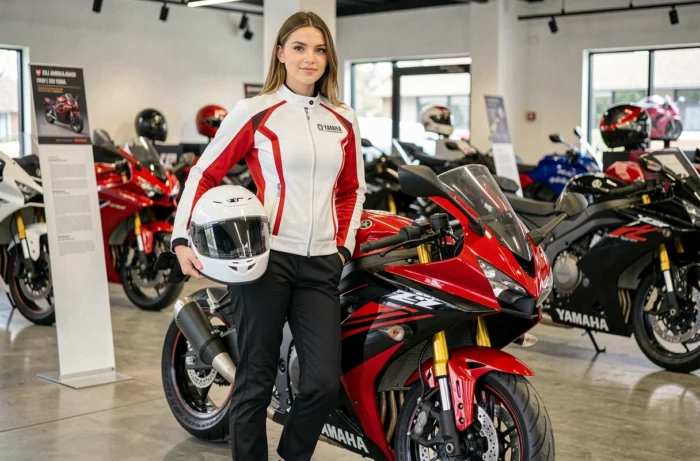 Jeune femme motarde à côté d'une Yamaha R6 en concession, équipement A2 et présentation du modèle