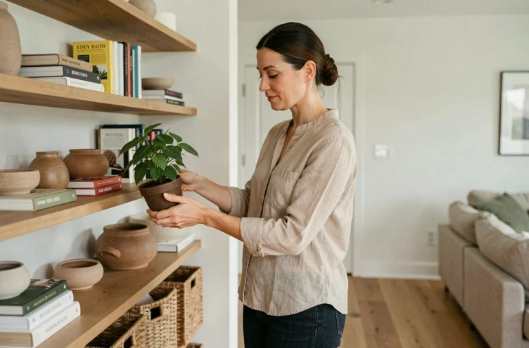 Femme arrangeant une plante sur une étagère bien organisée dans un salon moderne et confortable