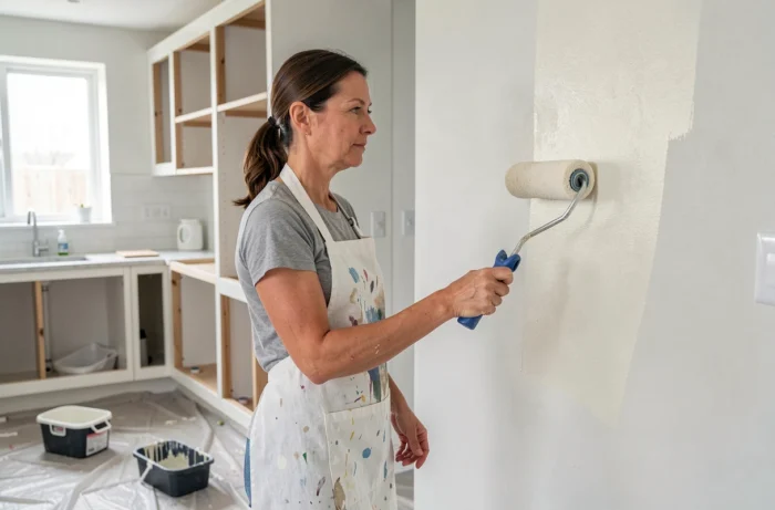 Femme appliquant de la peinture blanche sur un mur de cuisine en rénovation avec un rouleau, dans une ambiance de chantier moderne