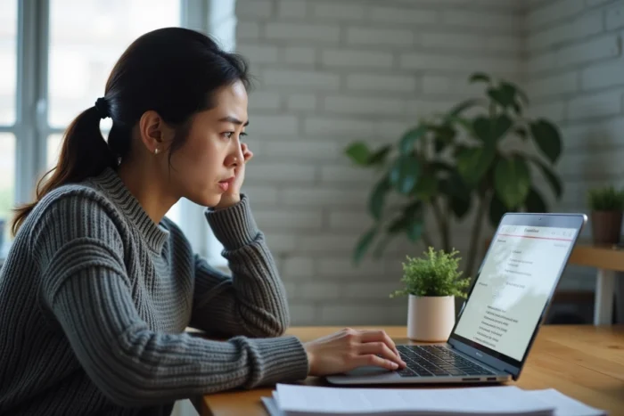 Femme frustrée devant son ordinateur portable affichant une erreur de connexion sur une application web
