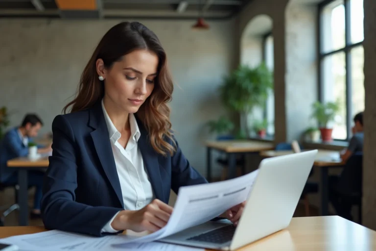 Femme professionnelle consultant des offres d'emploi sur son ordinateur portable dans un espace de coworking moderne