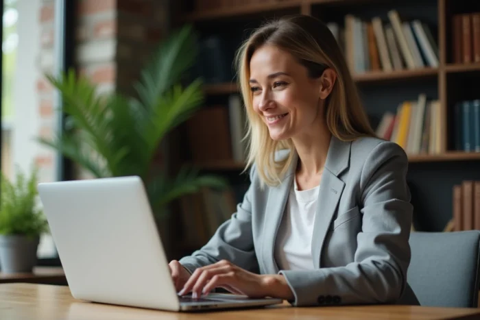 Femme consultant un site de voitures d'occasion en ligne sur un ordinateur portable depuis son bureau à domicile