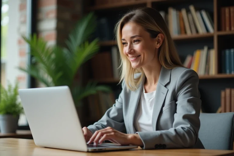 Femme consultant un site de voitures d'occasion en ligne sur un ordinateur portable depuis son bureau à domicile