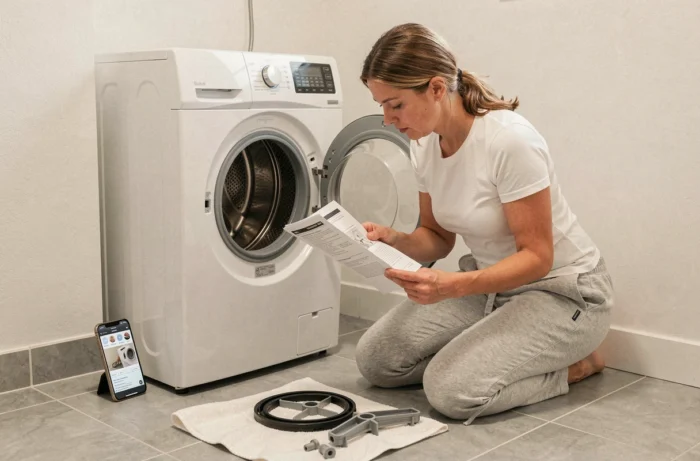 Femme réparant elle-même le tambour d'une machine à laver à chargement par le dessus dans une salle de bain moderne