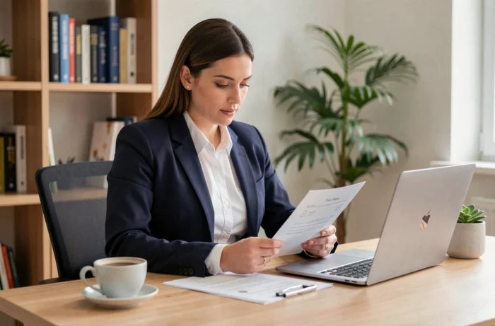 Femme professionnelle révisant son CV à un bureau moderne pour optimiser sa recherche d'emploi en 2024